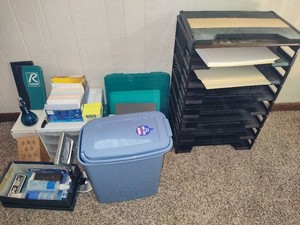 Assorted Office Supplies and File Cabinet Read Description