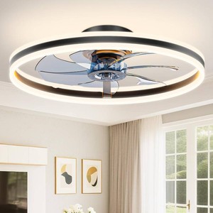 $140 VOLISUN Low Profile Ceiling Fans with Lights and Remote, 24in Flush Mount Ceiling Fans with Light, 3000K-6500K Dimmable Fandelier LED Fan Light, Black Bladeless Ceiling Fans with Lights for Bedroom