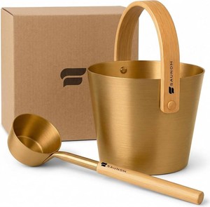 Luxury Aluminum Sauna Bucket and Ladle Set with Modern Nordic Design   Anodized Aluminum Sauna Ladle with Bamboo Handle   Rust & Heat Resistant 1.3 Gallon Bucket & 13.5 oz Ladle