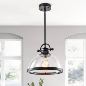 Modern Farmhouse Dome Pendant Light Fixture, Hanging Ceiling Lighting for Kitchen Island, Dining Room, Clear Glass with Black Finish (2 pack)