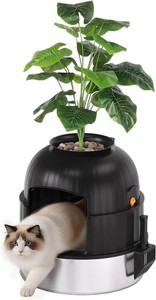 Stainless Steel Cat Litter Box with Scoop,Pad,Carbon Filter & Faux Plant