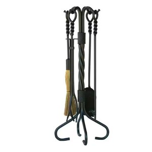 $180 Old World Iron 5-Piece Fireplace Tool Set with Twist Base and Integrated Loop Handles