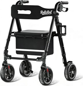 $130 Walkers for Seniors Taller 5.37ft, Lightweight Foldable Rollator Walker, Built in Cable, Reinforced Aluminum Frame, 8 Big Rubber Wheels for All Terrain, 350lb Weight Capacity, Black
