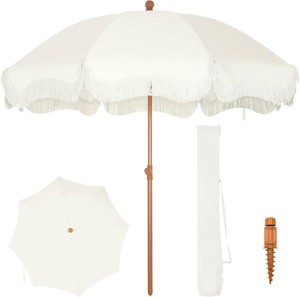 7ft Fringe Beach Umbrella with Sand Anchor Outdoor Patio, UPF 50, White