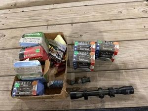 Mixed Lot Ammo, Scope, Duck Call, 3 Full Boxes 12 ga Targer Load