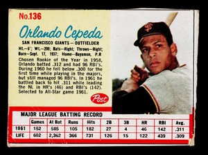 Orlando Cepeda 1962 Post #136 Vintage Baseball Card