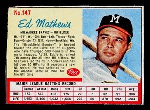 Ed Mathews 1962 Post #147 Vintage Baseball Card