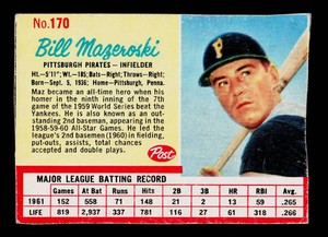 Bill Mazeroski 1962 Post #170 Vintage Baseball Card