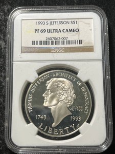 1993-S US JEFFERSON COMMEM SILVER DOLLAR NGC PF69 ULTRA CAMEO