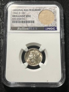 1942-D US MERCURY DIME NGC BU ORIGINAL BAG FRAGMENT
