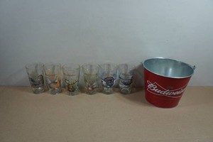 Metal Budweiser Beer Bucket with Collectors Glasses