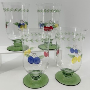 Hand Painted Fruit-Decorated Green Pedestal Drinking Glasses (Lot of 4)