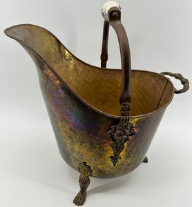 Vintage Decorative Hammered Copper Coal Scuttle With Ceramic Handle