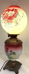 Antique Gone With the Wind Lamp - Floral Glass, 23 in H
