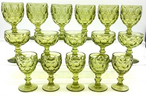 Vintage Imperial Glass Thumbprint Green Pressed Glass Stemware Group - 16 Pieces