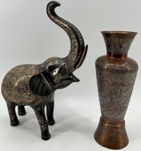 Carved Elephant Figure & Engraved Copper  Brass Vase - 9 X 6 X 12 in