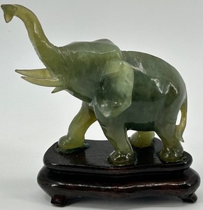 Carved Elephant Figurine on Wooden Display Base - Jade