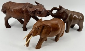 Carved Wooden Elephants & Water Buffalo Figure (Lot of 3)