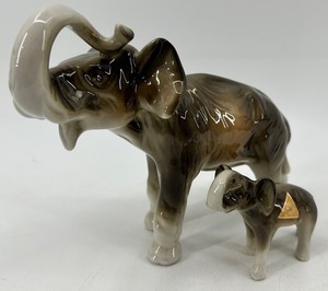 Royal Dux Bohemia Elephant & Calf Porcelain Figurines Pair - 6 X 4
