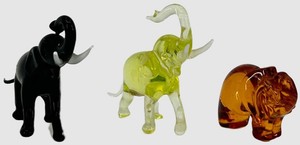 Glass Elephant Miniatures - Black, Green & Amber (Lot of 3)
