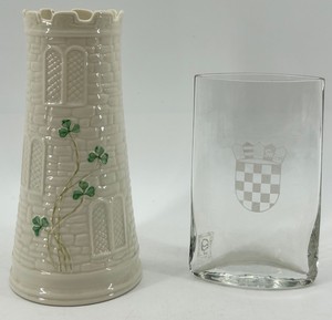 Belleek Castle Vase 2223 4 X 10 in & Heraldic Crest Glass Vase - 2-Piece Mixed Lot