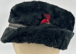 Black Fur-Style Trapper Hat With Silver Trim & Red Feather - Large