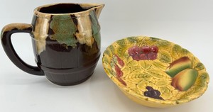 Sarreguemines France Fruit Platter & Glazed Stoneware Pitcher Mixed Lot
