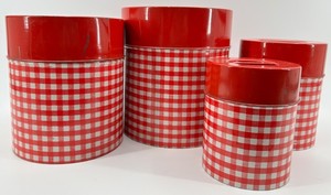 Vintage Red Gingham Metal Kitchen Canisters (Lot of 4)