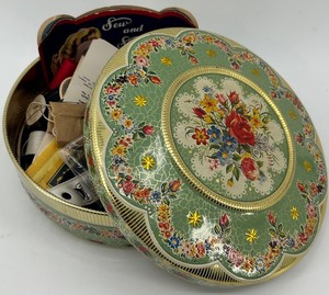 Vintage 9 Round Floral Sewing Notions Tin