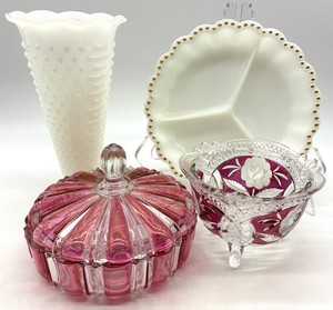 Mixed Glassware - Czech Cut-to-Clear, Milk Glass & Anchor Hocking (Lot of 4)