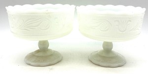 Vintage E.O. Brody Milk Glass Pedestal Bowls Pair - 7 in