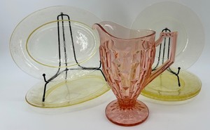 Jeanette Pink Glass Pitcher & Yellow Glass Plates Mixed Lot