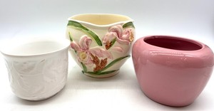 Ceramic Flower Pots - Floral, White & Pink (Lot of 3), Largest 7 in