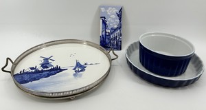 Portugal Scenic Tray, Lisbon Plaque & Blue Porcelain Serving Set (Lot of 4)