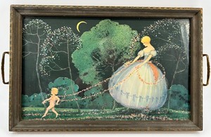 Vintage Fairy Decorative Glass-Topped Serving Tray With Romantic Scene - 17 X 11 in