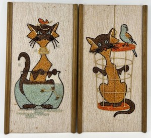 Vintage Mid-Century Cat & Bird Textile Wall Panels (Lot of 2)