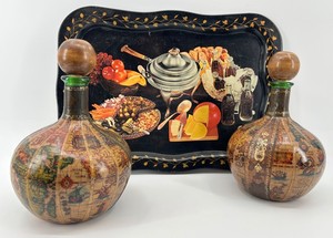 Pair of Vintage Italian Leather Map Decanters With Serving Tray