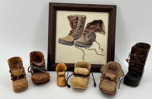 Vintage Wood-Carved Boots & Framed Cross-Stitch Mixed Lot