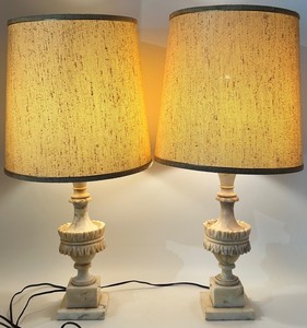 Pair of Vintage Marble Table Lamps With Fabric Drum Shades - 5 X 29 in