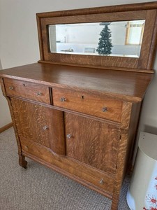 Antique Tiger Oak Sideboard Buffet Cabinet w Mirror Back