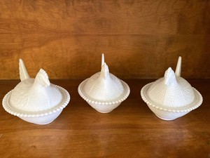 Set of 3 Vintage White Milk Glass Hen on Nest Covered Dishes