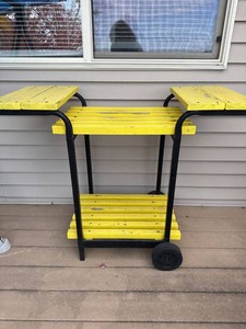 Yellow Wood & Metal Rolling Patio Grill Cart Serving Table