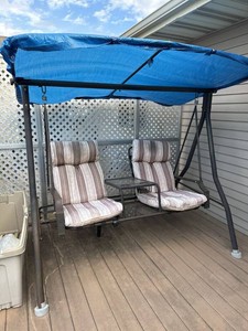 2-Seat Patio Swing Glider Canopy Chair w Center Table Cup Holders