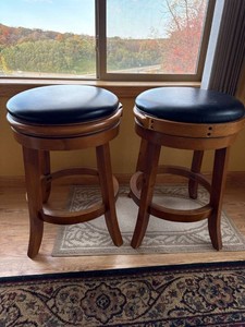 Pair of Wooden Swivel Bar Stools Black Upholstered 24in Seat