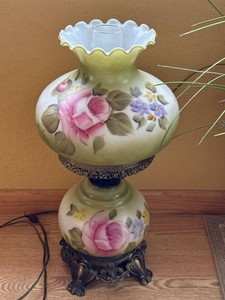 Vintage Hand Painted Floral Hurricane Parlor Lamp Milk Glass