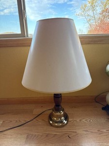 Traditional Brass & Turned Wood Table Lamp with White Shade
