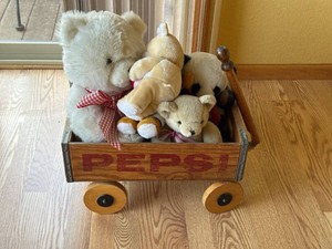 Vintage Pepsi-Cola Wooden Wagon with Assorted Plush Teddy Bears