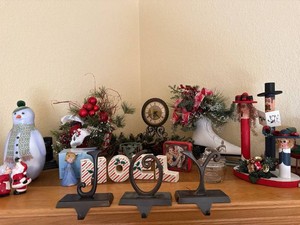 Assorted Vintage Christmas Decor Lot JOY Stocking Holders Noel Carolers