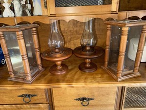 Set of 4 Wood & Glass Hurricane Candle Holders Lanterns Decor