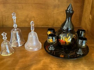Lot of Vintage Glass Bells & Black Glass Decanter Cordial Set